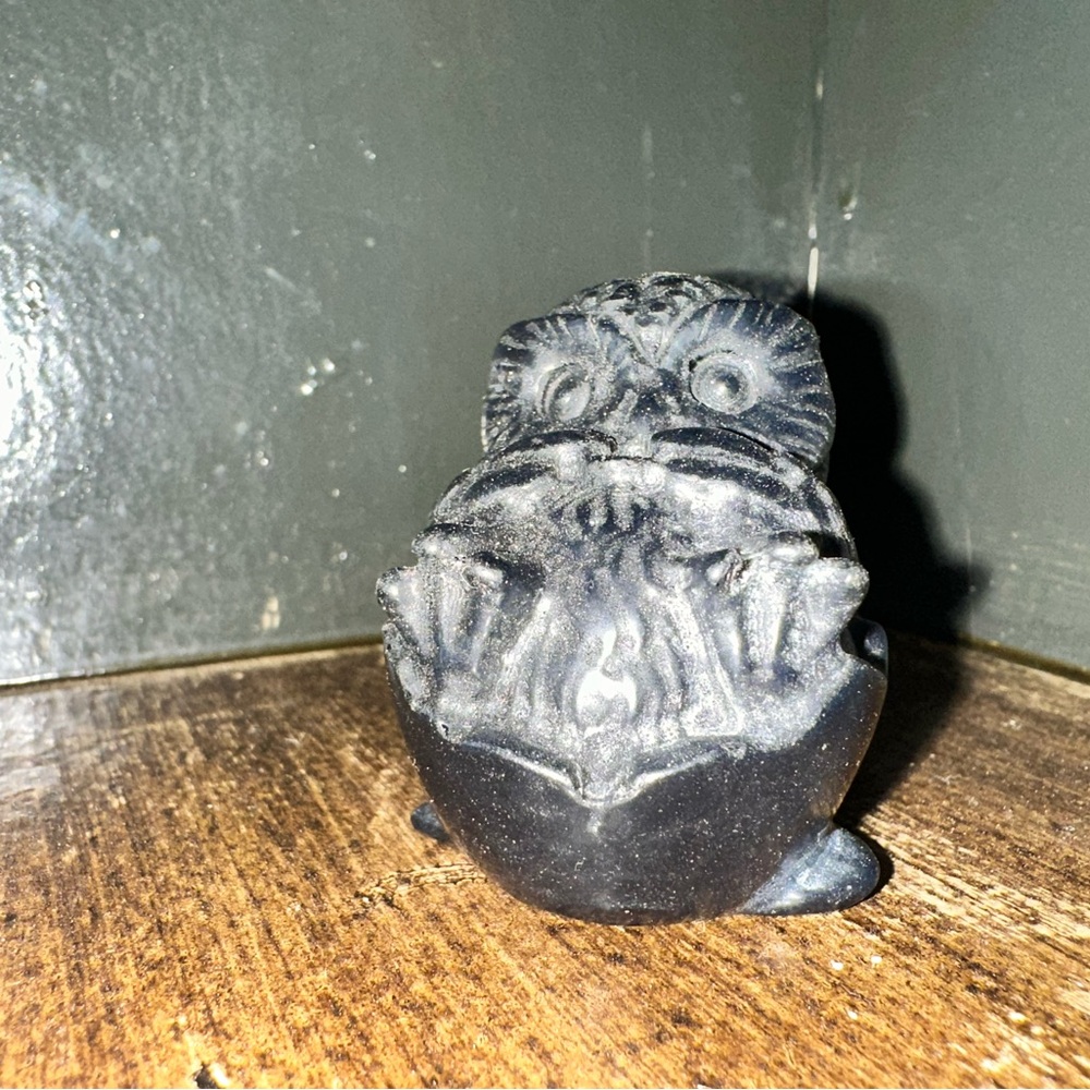 Black Obsidian Baby Owl in Egg Figurine